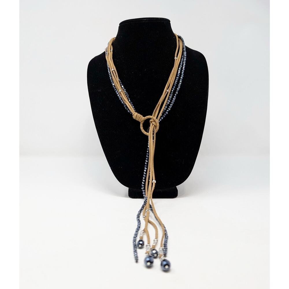 Chico's Necklace Boho Brown Suede Blue Beaded Multi Strand Lariat Y Necklace